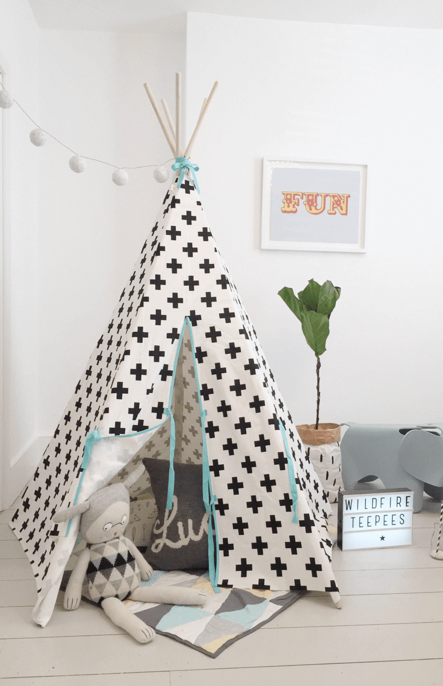 Wildfire Teepees - Cross Print Teepee with Seafoam Blue Trim