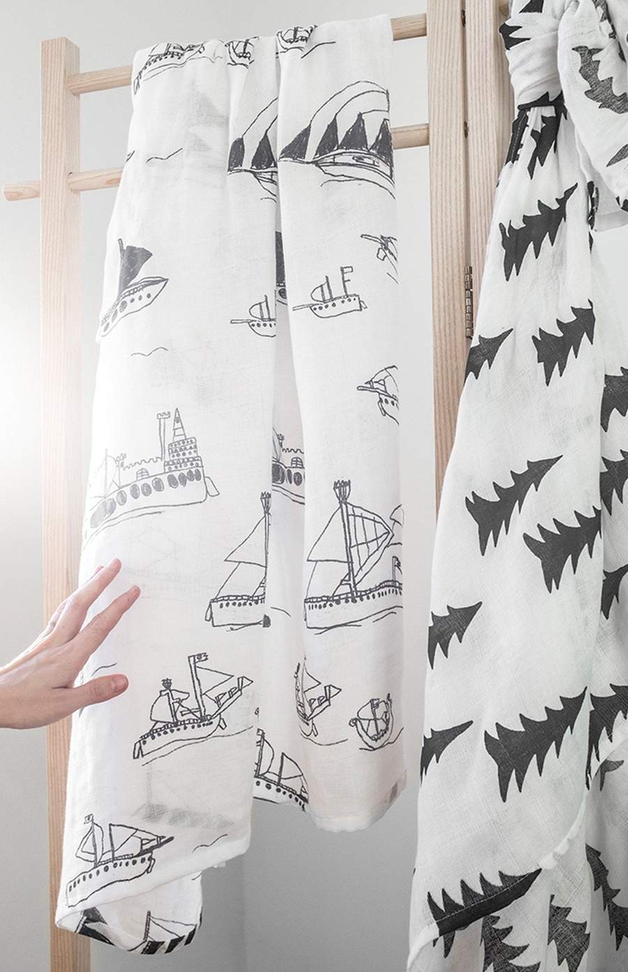 Fine Little Day OHOY Muslin Swaddle - Grey Boats Ships